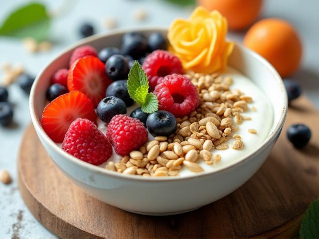 Colorful bowl of fresh, healthy ingredients (e.g., berries, nuts, yogurt), symbolizing gut health.