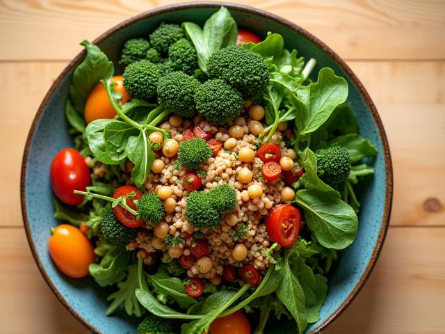 Vibrant, fresh plant-based meal on a rustic wooden table, emphasizing healthy eating.