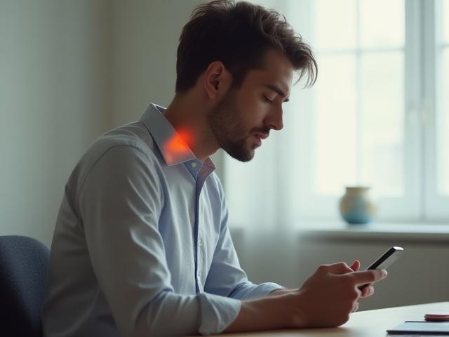 A person looking down at a phone with a visible slump in their neck and shoulders, highlighting poor posture, against a clean, modern background.